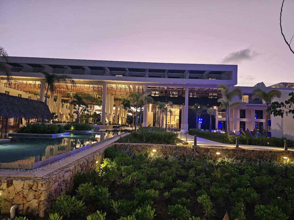 Modern open-air lobby at W Punta Cana all-inclusive resort with upscale design and contemporary seating